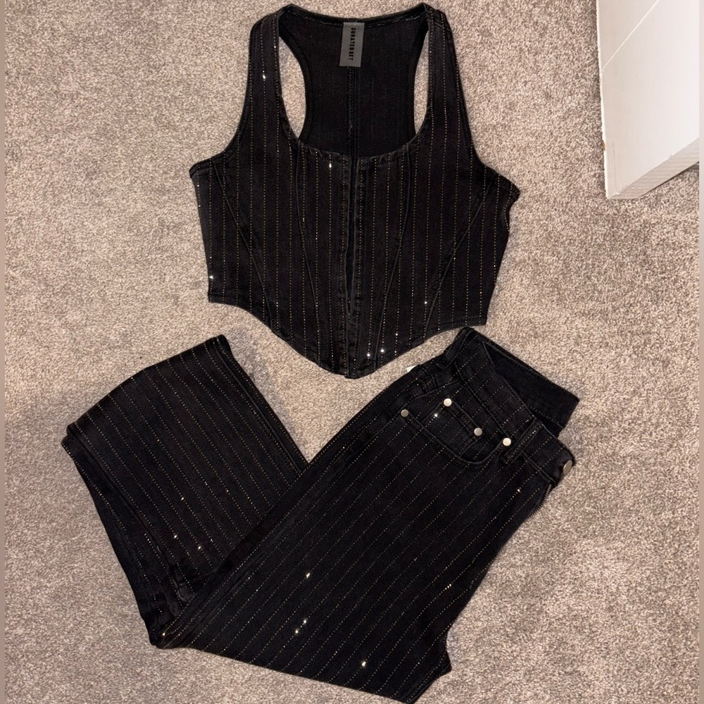 RAIN RHINESTONE TOP AND BOTTOM DENIM JEANS SET (BLACK)